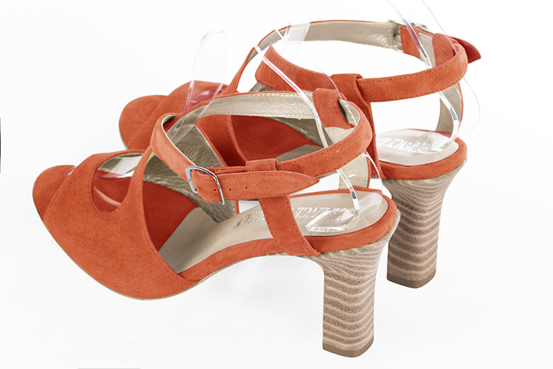 Clementine orange women's open back sandals, with crossed straps. Round toe. High kitten heels. Rear view - Florence KOOIJMAN